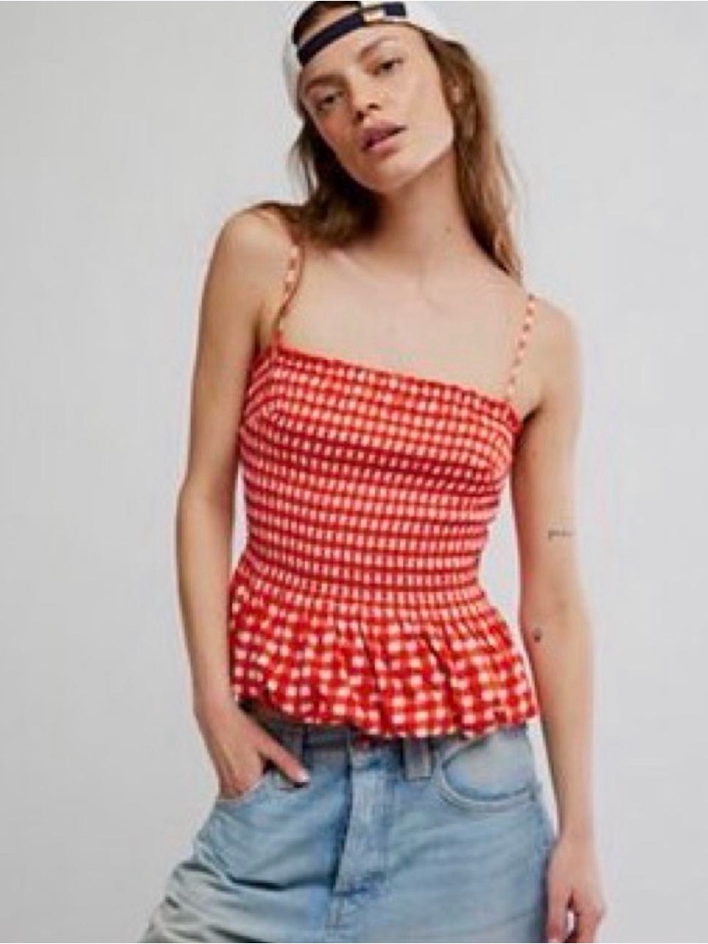 Free People Red Gingham Smocked Peplum Cami Top - Women